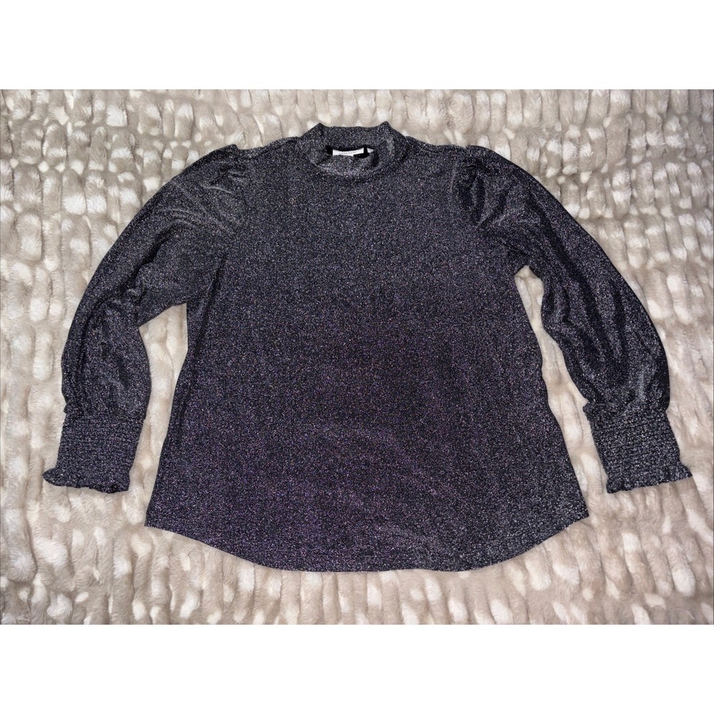 Chico's Sparkle Smocked Top Silver Metallic Large Size 2 Classic Fit